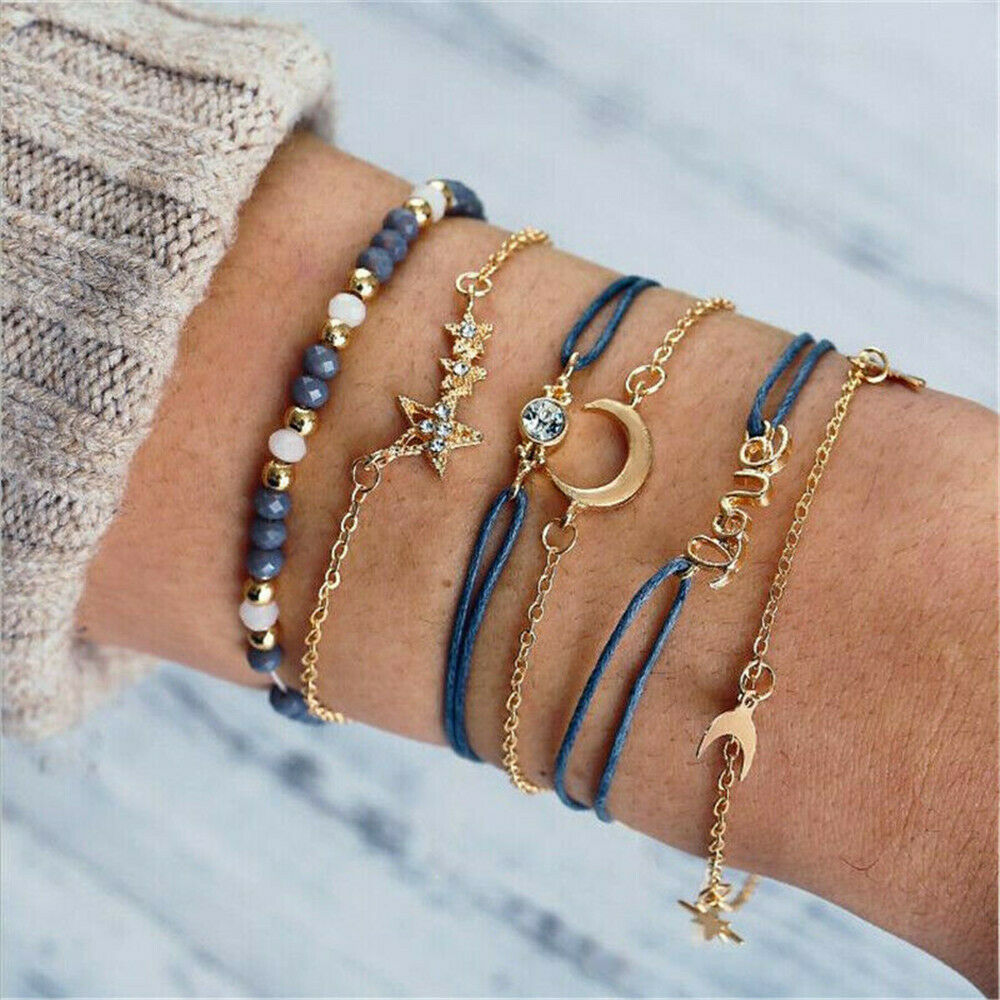 6PC Fashion Women Crystal Moon Star Adjustable Open Bangle Bracelet Jewelry ~