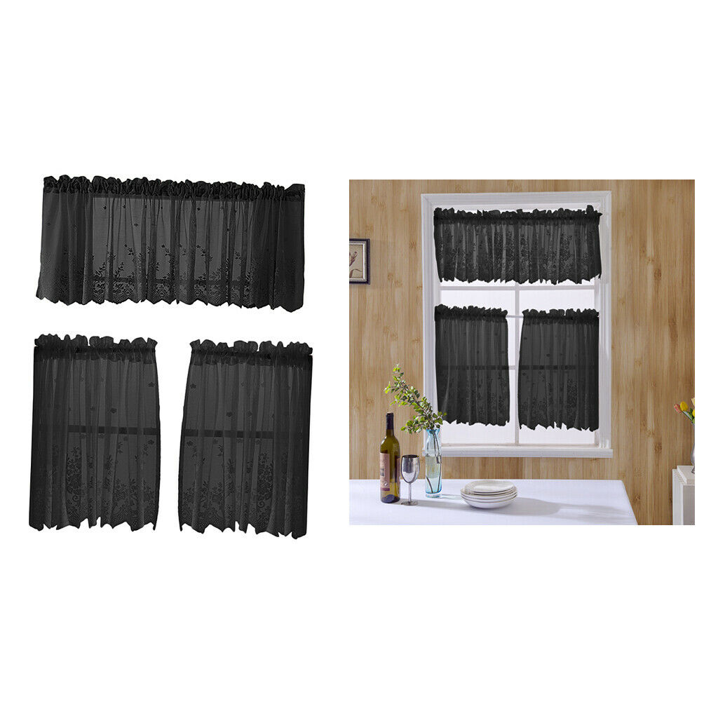 3 Pieces Kitchen Window Lace Curtain Set Embroidered CafÃ© Curtain Black_1