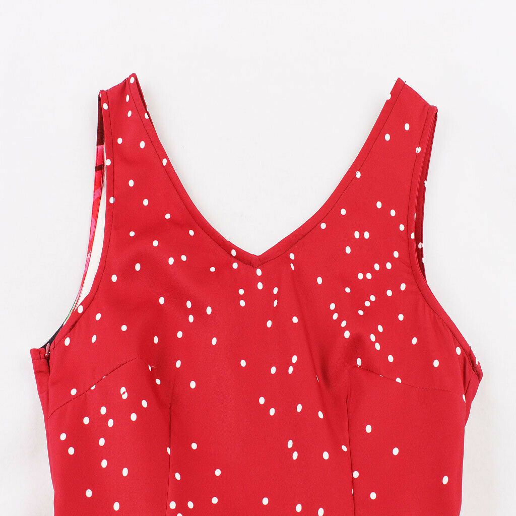 Women Christmas Party Polka Dots Snowflake V-neck Swing Dress M Red