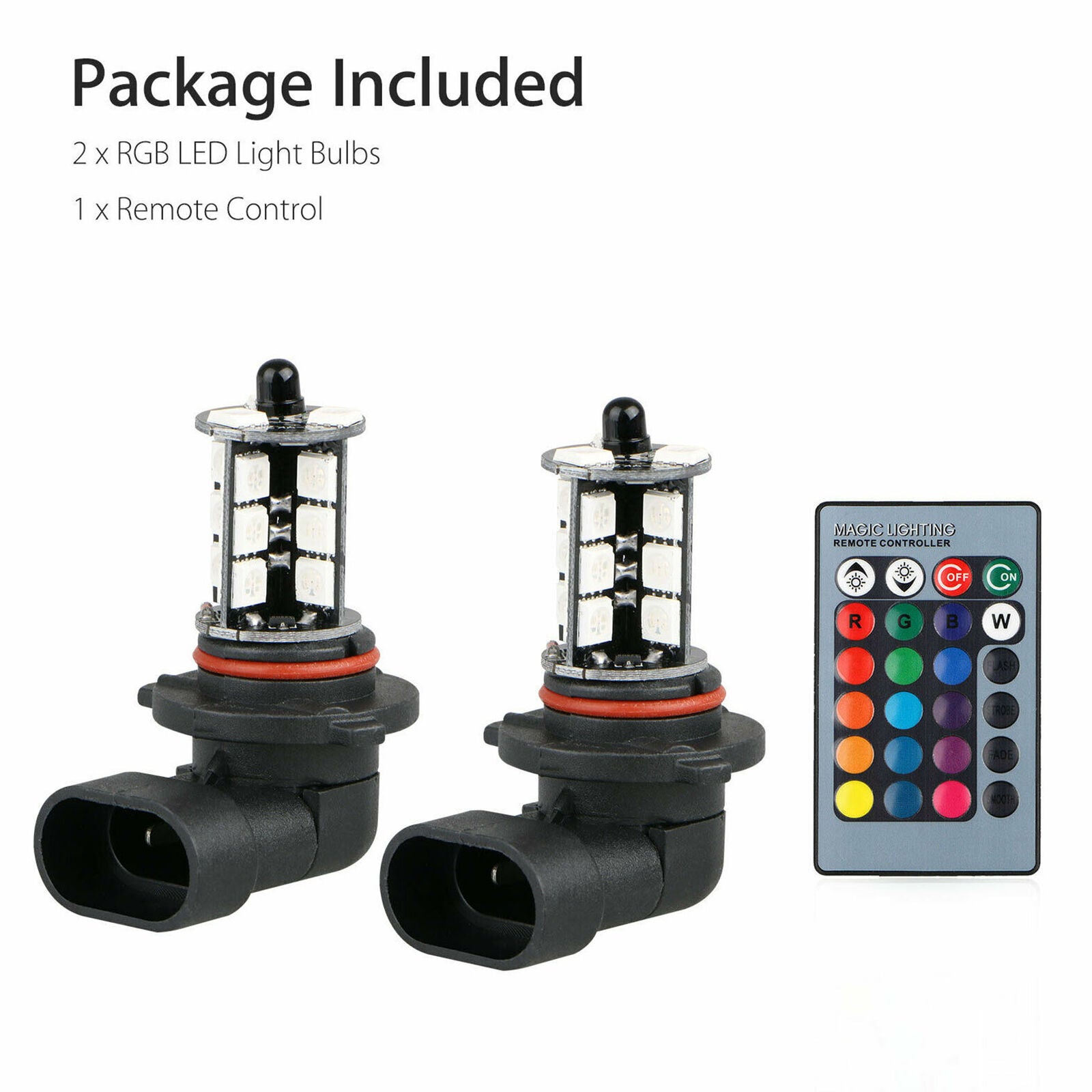 2x 9006 LED 27-SMD 5050 RGB Car Headlight Fog Light Lamp Bulb + Remote Control
