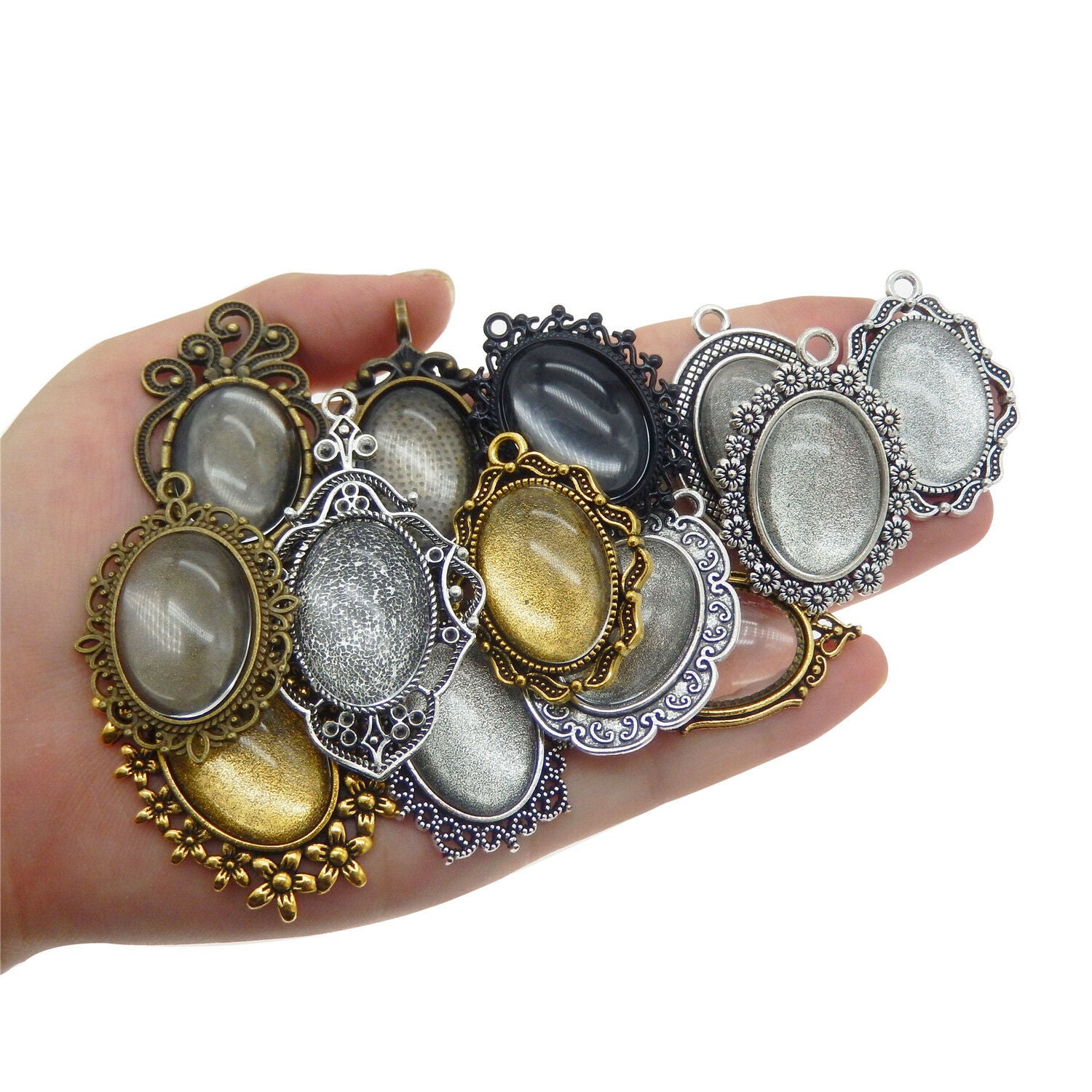10 sets Oval Clear Glass Cabochon Base Setting Blank Bezel Frame Pendant Charm