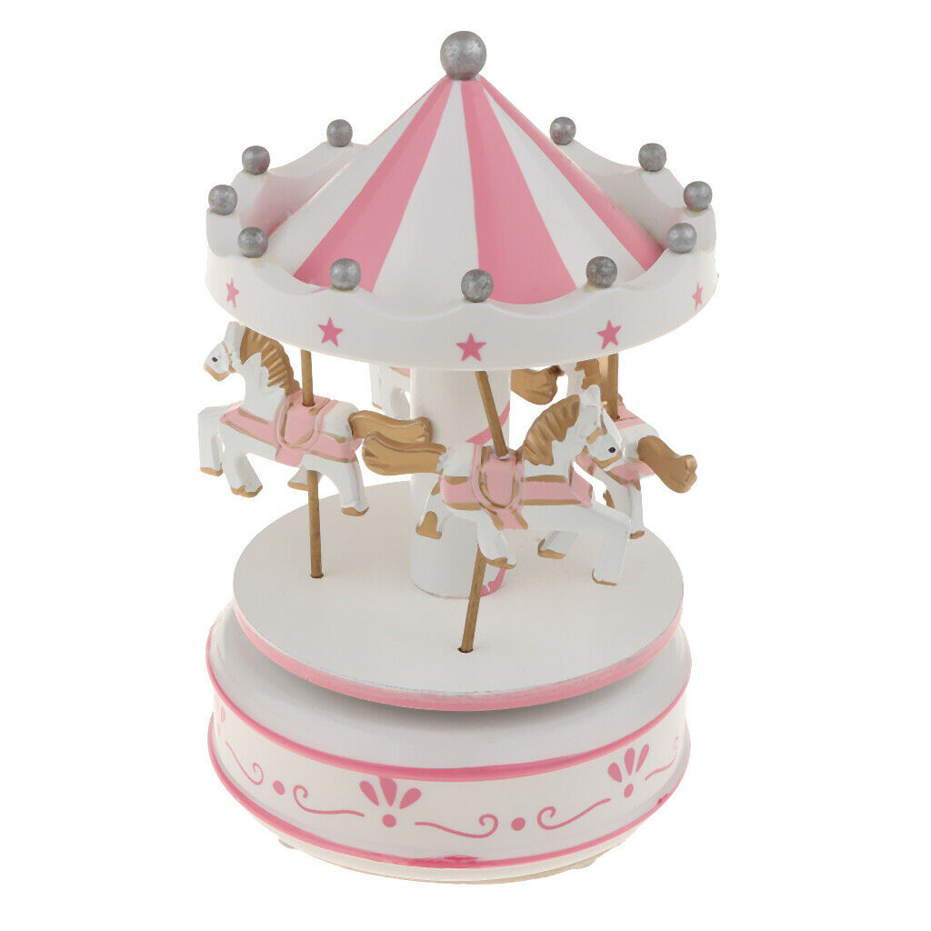 Wooden Merry-GO-Round Carousel Music Box  Wind Up Music Box  Pink