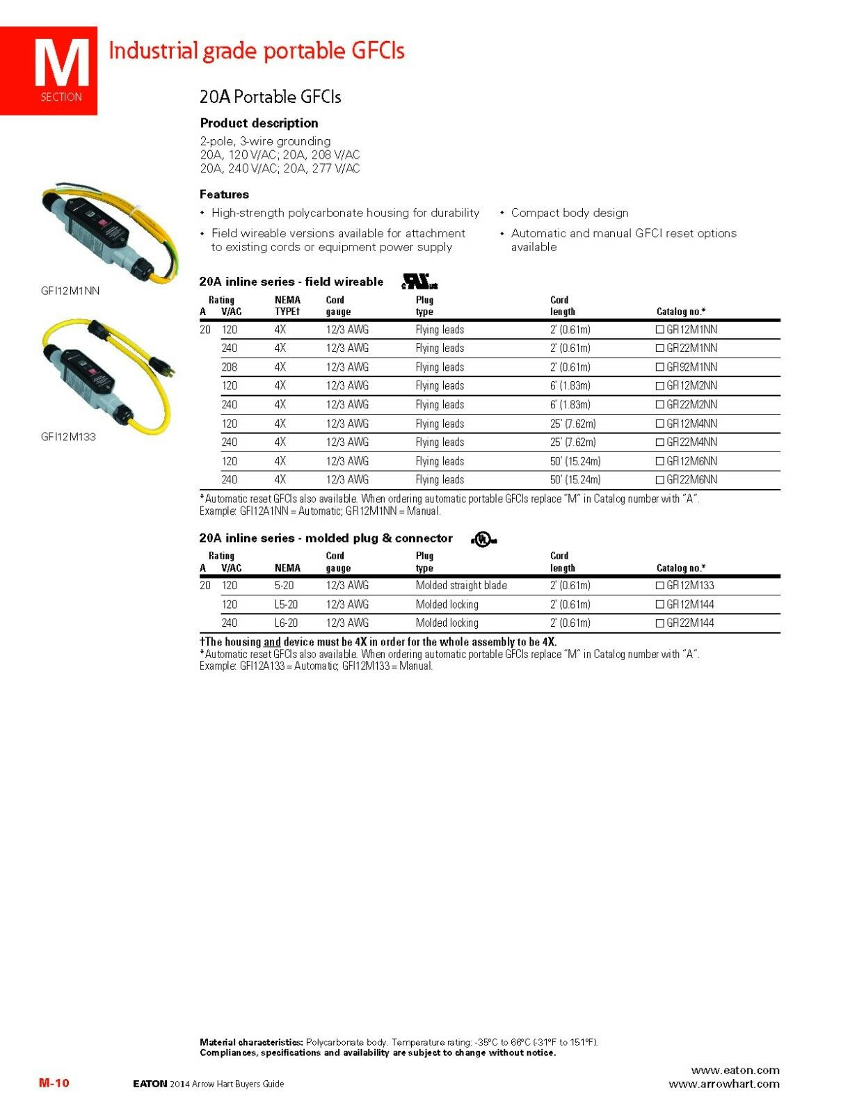 1pcs - COOPER GFI22M1NN 20A 240V/AC Industrial grade portable GFCI - NEMA 4X