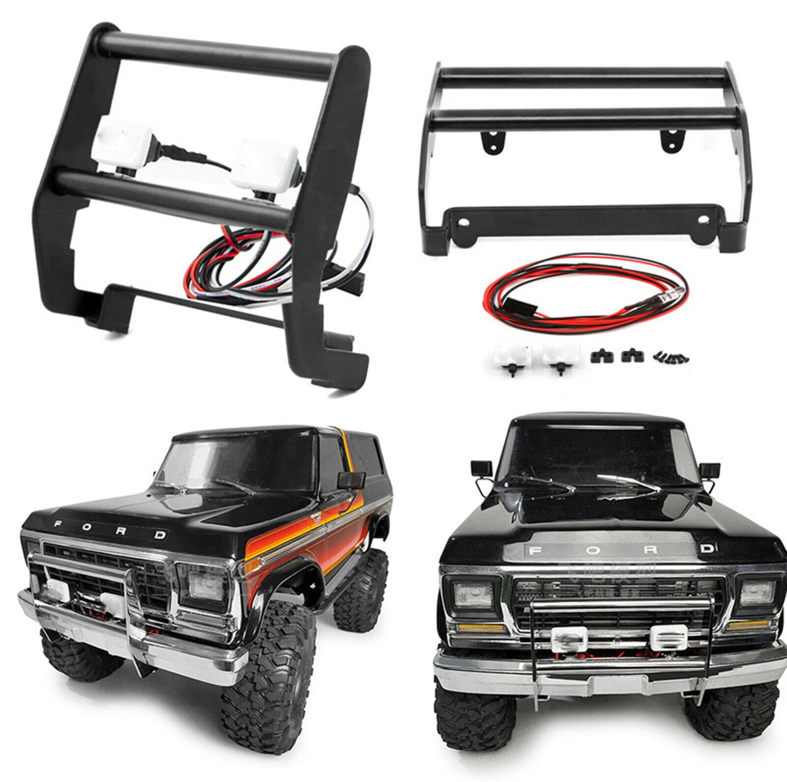 Metal Front Bumper With Spotlight IPF Word Lamp W23 Parts for t4 Ford RC Car
