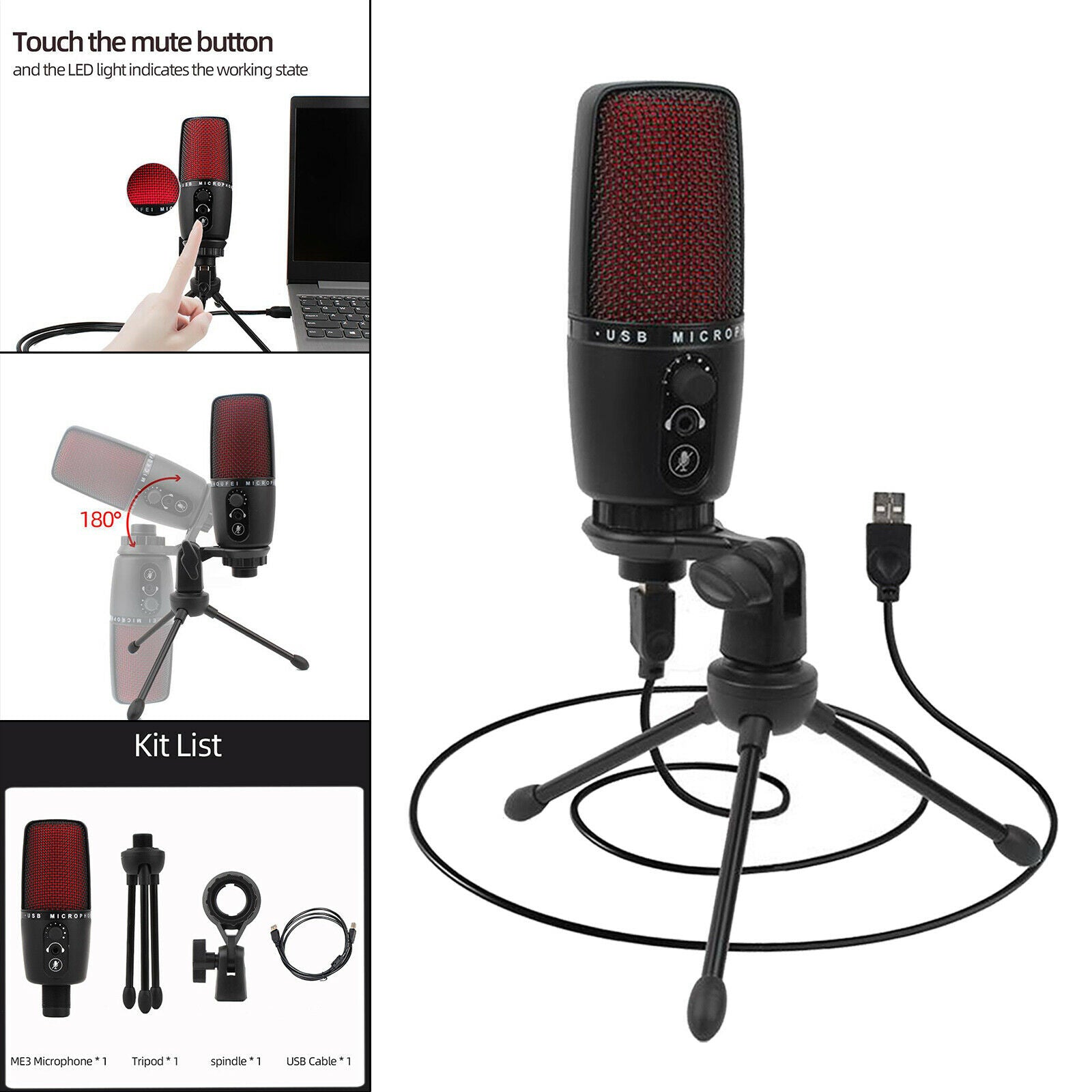 Portable USB audio condenser microphone with tripod for computers Red LED