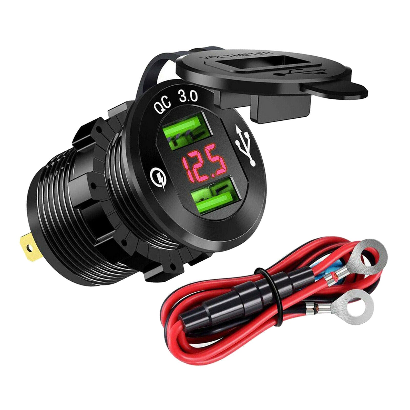 Quick Charge Car Charger Socket QC3.0 Socket LED Voltmeter Boat Black+Red