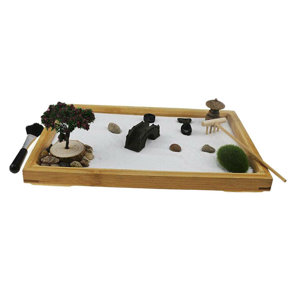 Zen Garden Rake Rocks w/Bamboo Tray Desk Mini Sand Garden Kit Meditation