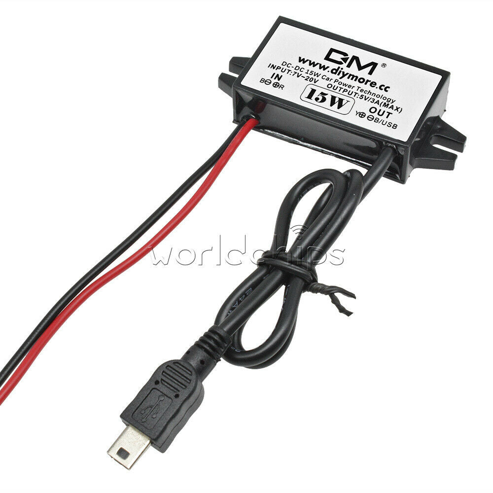 DC-DC 12V to 5V 3A 15W Voltage Regulator Mini USB 5 Pin Cable for Car Charger