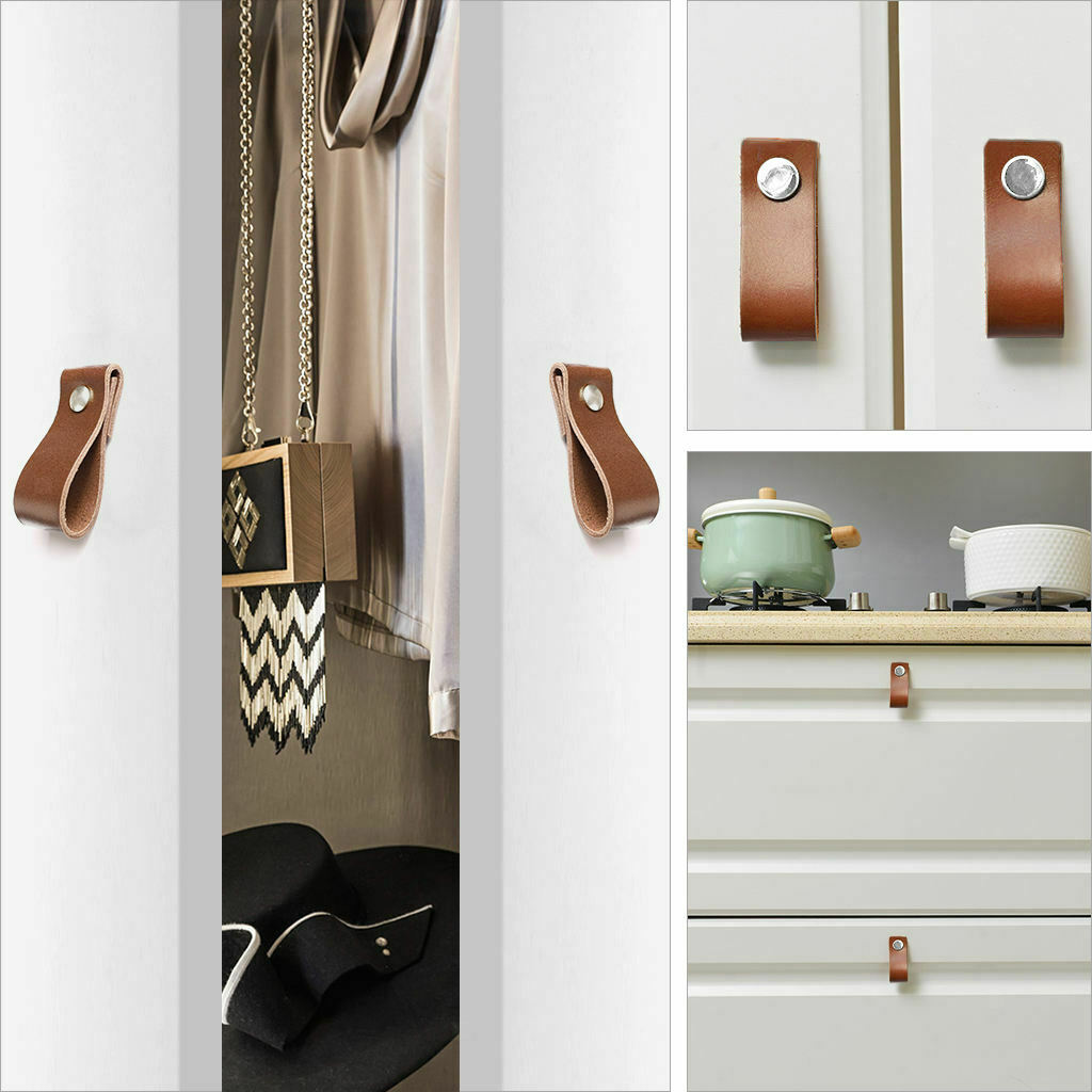 Set of 12 Leather Handle Cabinet Door Drawer Pull Strap, Leather Loops Furniture