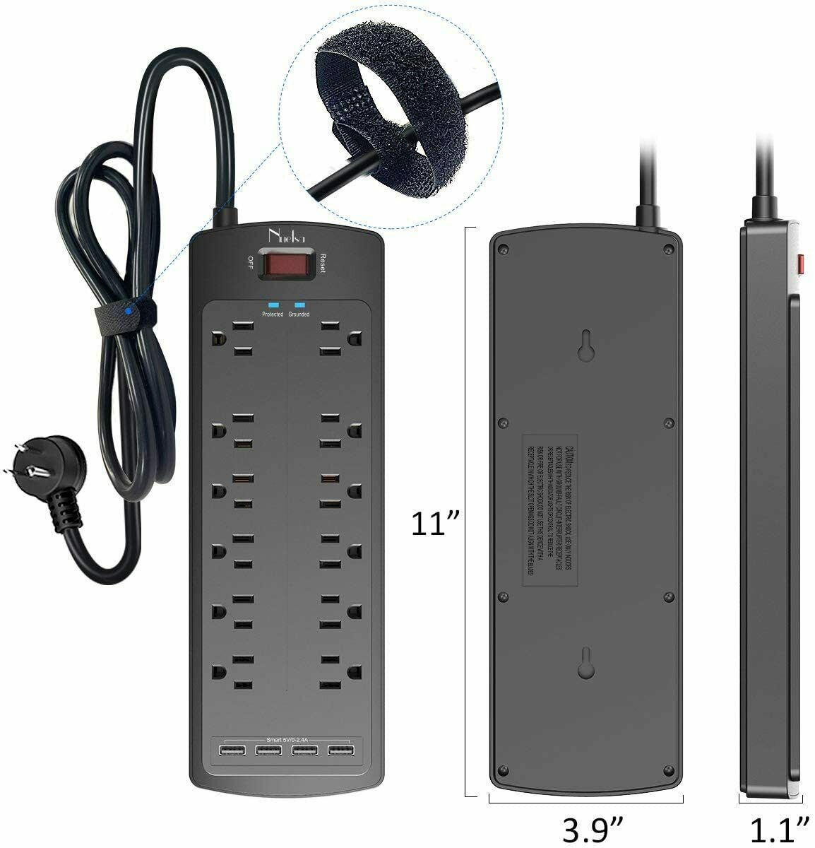 Power Strip , Surge Protector with 12 Outlets and 4 USB Ports, Black