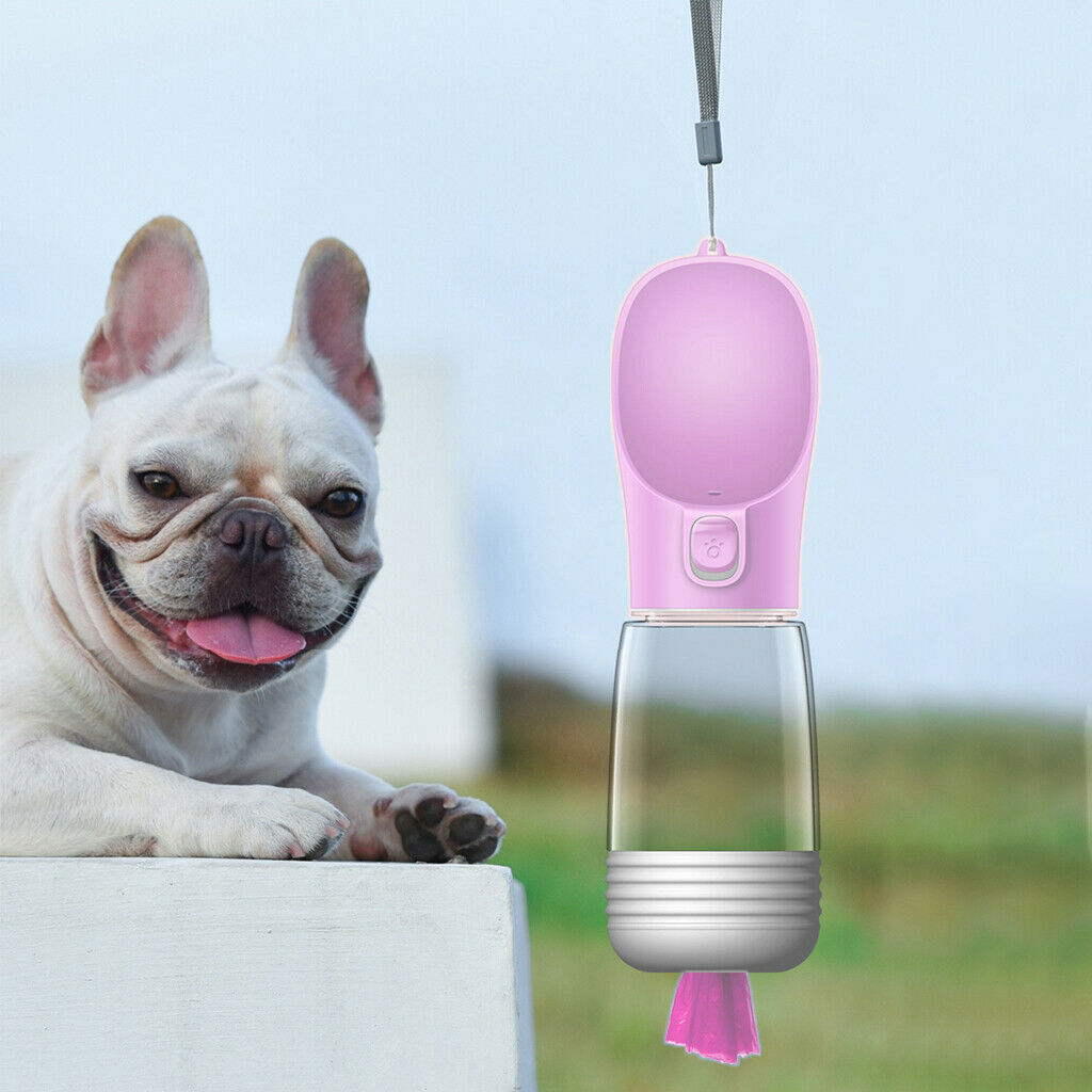 Dog Bottle Leakproof Pet Cat & Poop Bag Dispenser Bowl for Walking Pink