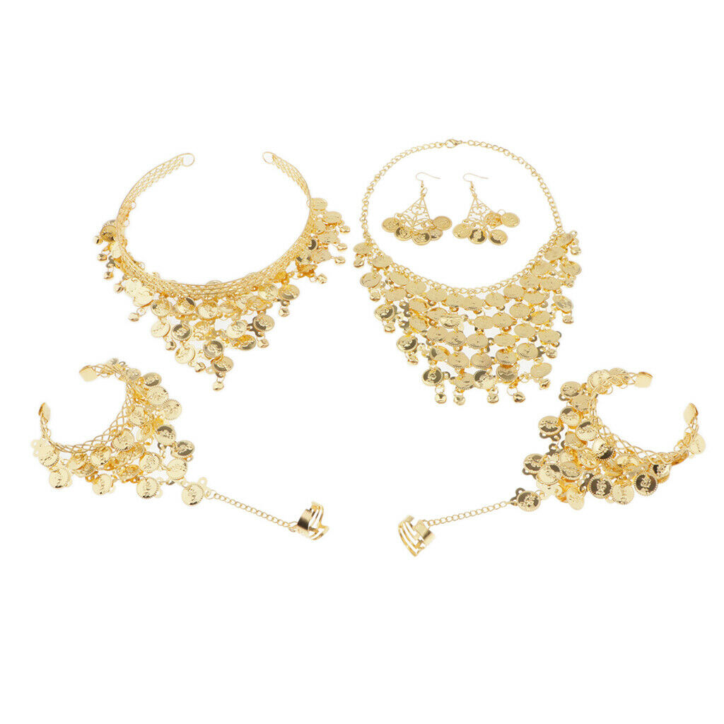 4x Belly Dance Jewelry Set Coin Necklace Bracelets Womens Gypsy Thai Costume