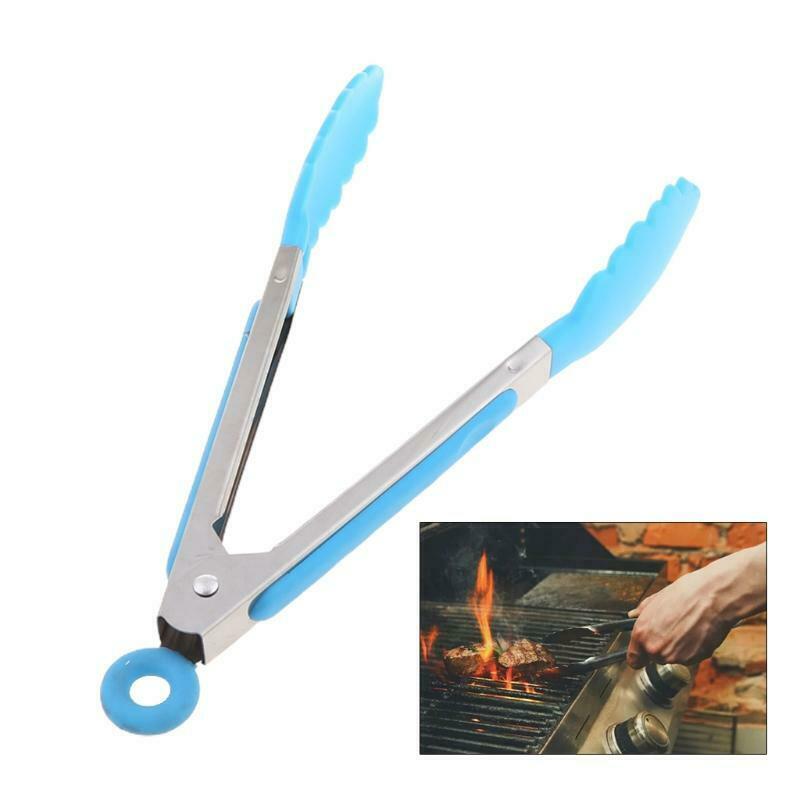 Silicone Kitchen Cooking Salad Serving BBQ Tongs Stainless Steel Handle Utensil