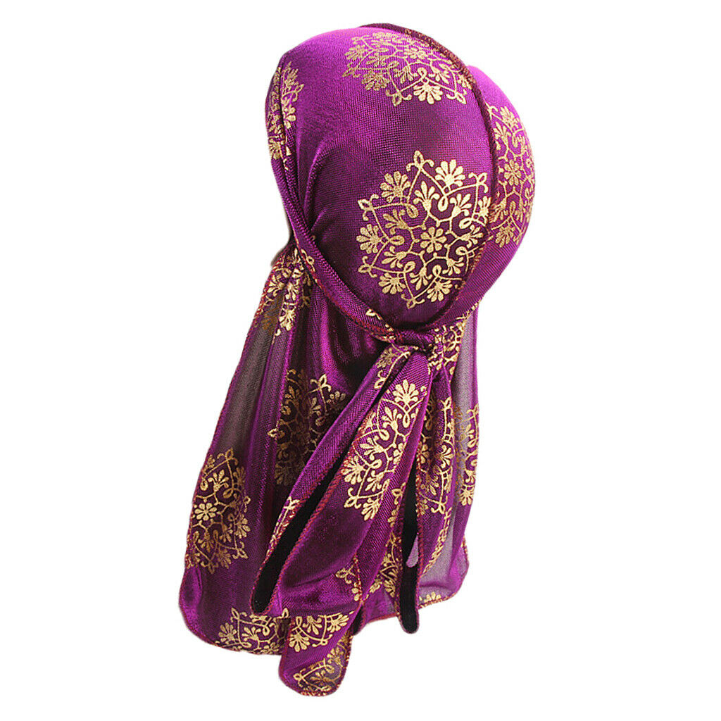 Men Women Silky Print Bandana Hat Durag Long Tail Headwrap Headwear Purple
