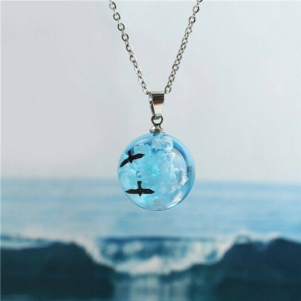 White Clouds Blue Sky Birds Glass Ball Pendant Necklace Terrarium Fashion Gifts.