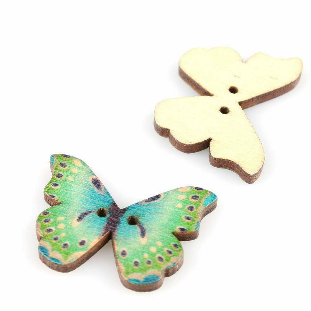 100* DIY 2 Holes Mixed Butterfly Shape Wooden Sewing Mend Scrapbooking Buttons~