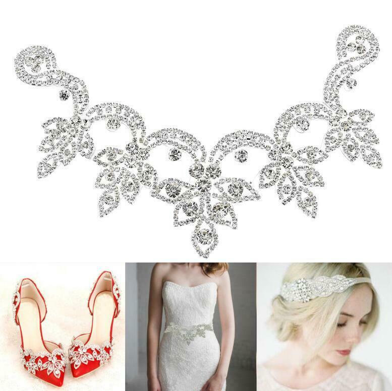 Wedding Bridal Rhinestone Crystal Applique Trim Iron on Belt Sash Dress Decor