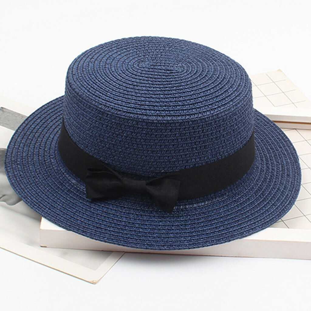 Church Bow Fedora Hat Breathable Wide Brim Sun Hat Summer Beach Navy
