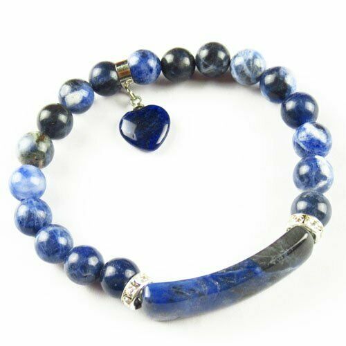 Natural Old Sodalite Ball Oblong Heart Rhinestone Stretchy Bracelet 7.5 " 70SL