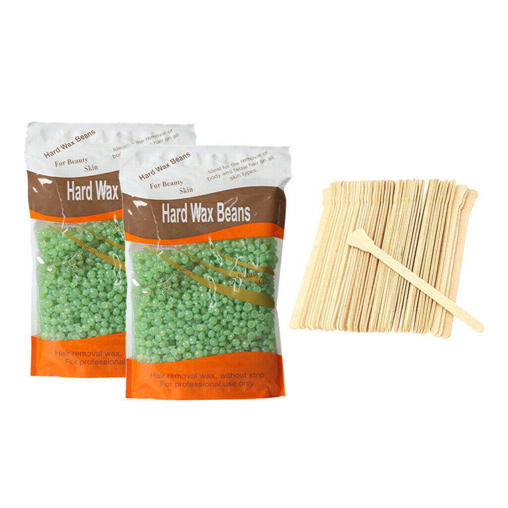 2 Bags Depilatory Hot Hard Wax Beans Body Hair Removal + Wood Sticks Kit