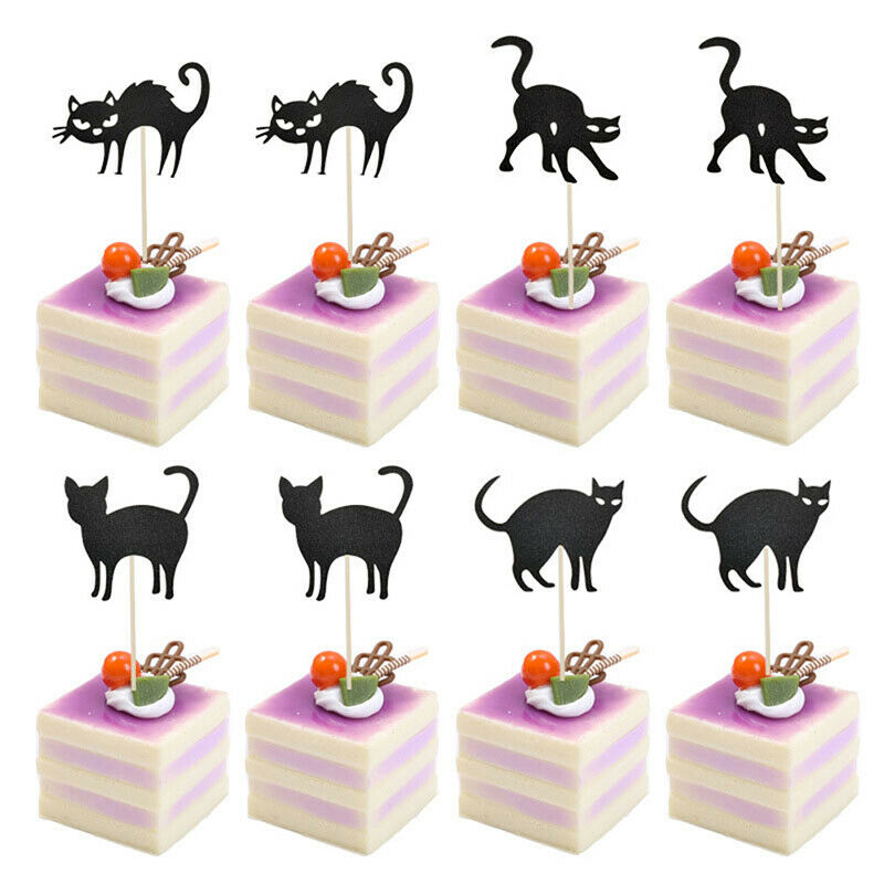 8pcs Halloween Horror Cupcake Cake Toppers Black Cat Dessert Party Decora.l8