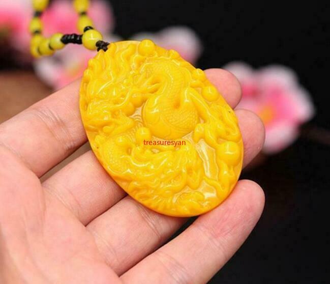 Yellow Jade Dragon Pendant Necklace Natural Jewelry Amulet Jadeite Carved Gifts