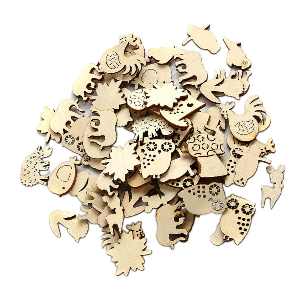 50 Pack Natural Wooden Embellishment Mixed Animals Wood Shapes Craft Pieces for