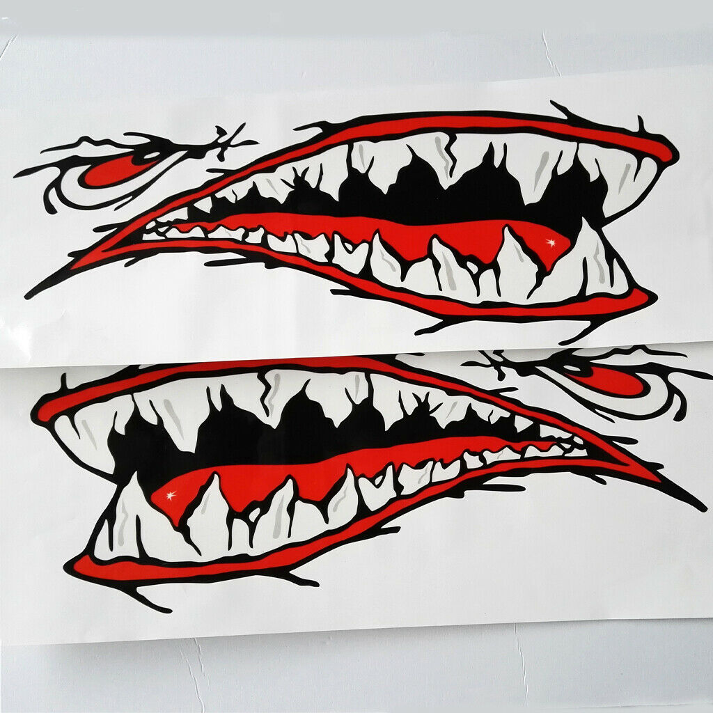 2Pcs 7x3 inch Fish Skeleton Decals + 2Pcs 14.4 x 5.5 inch  Mouth Decals, Auto