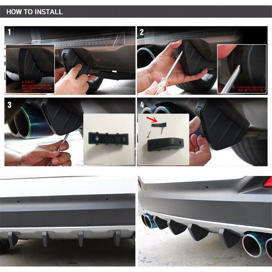 Rear Bumper Lip Diffuser Shark Fin 4Pcs Carbon Fiber Style Universal PVC Plastic