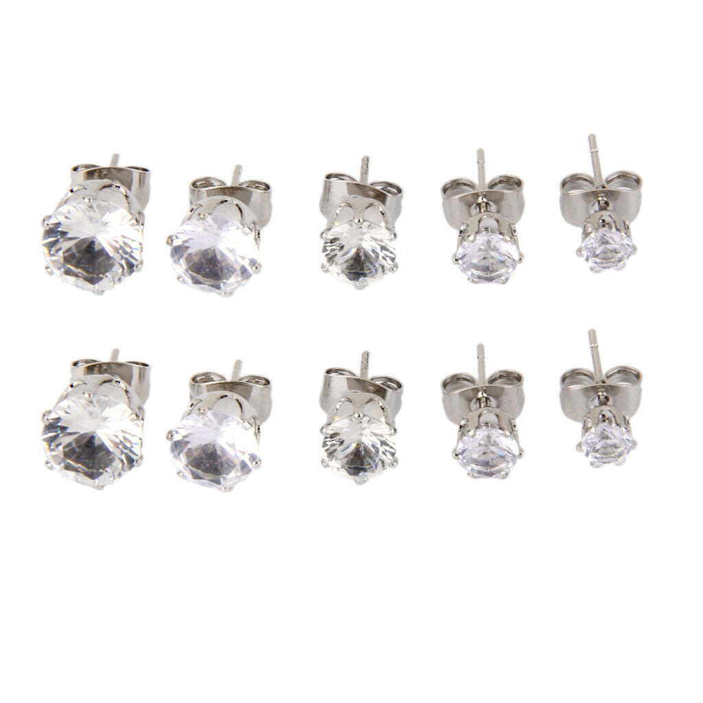 Set 5 Pairs 316L Stainless Steel Round Clear Cubic Zirconia Ear Stud Earring