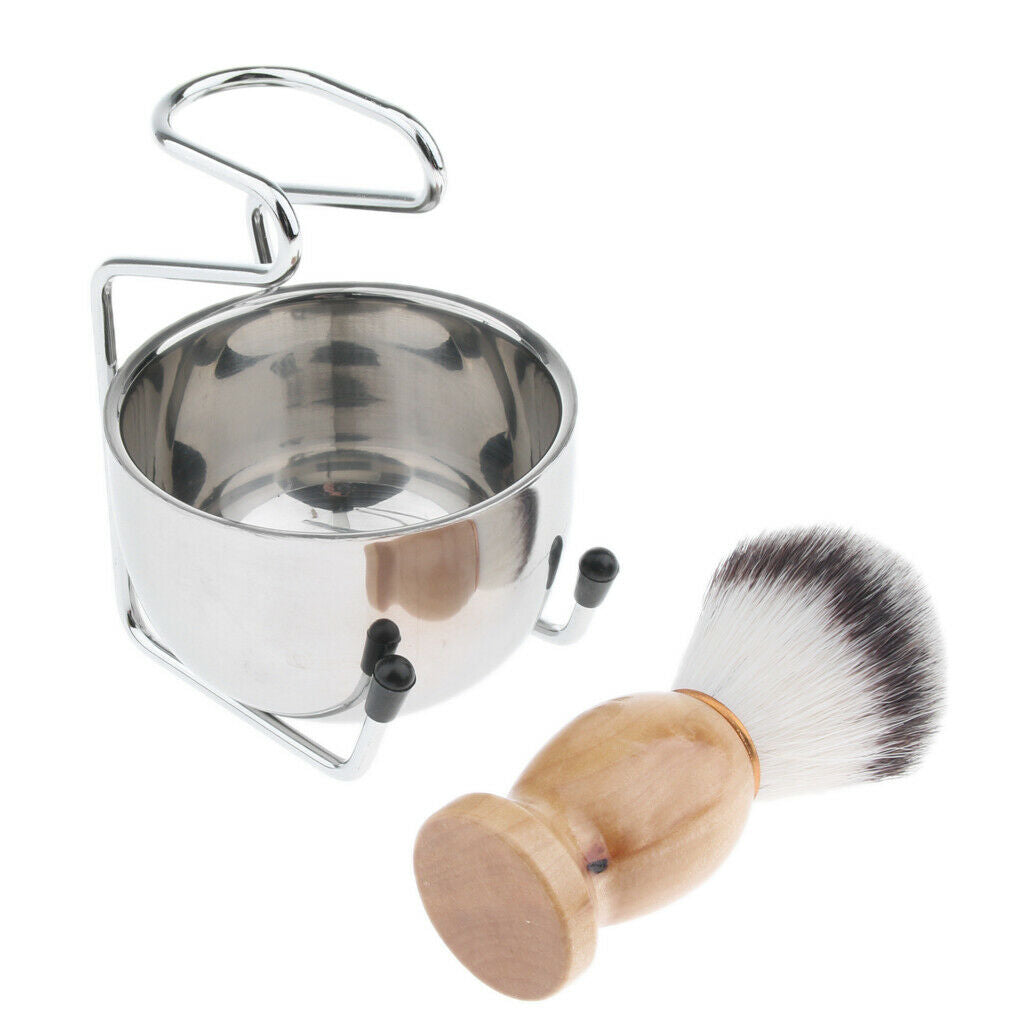 3x Premium Wood Shaving Brush Bowl Mug Cup Stand Holder Kit Set For Men