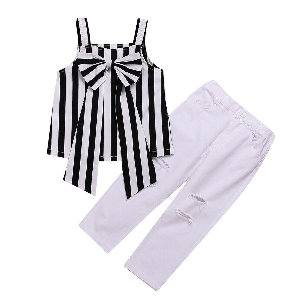 Kids Girls Little Vertical Stripes Print Big Bowknot Tank Top+ Pants Trousers
