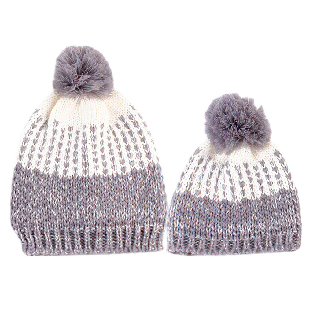 Winter Stylish Warm Novelty Mom Baby Knitted Pom Bobble Hat   Gray
