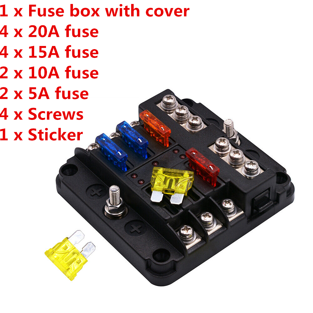 6-Way Auto Blade Fuse Holder Box Block with LED Indicator for 12V 24V Car Marine