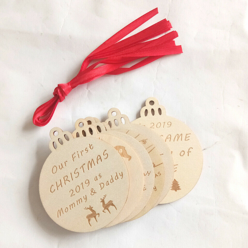 6Pc Wood Christmas Bulb Shaped Wood Pieces Ornaments Hanging Xmas Tree Decor
