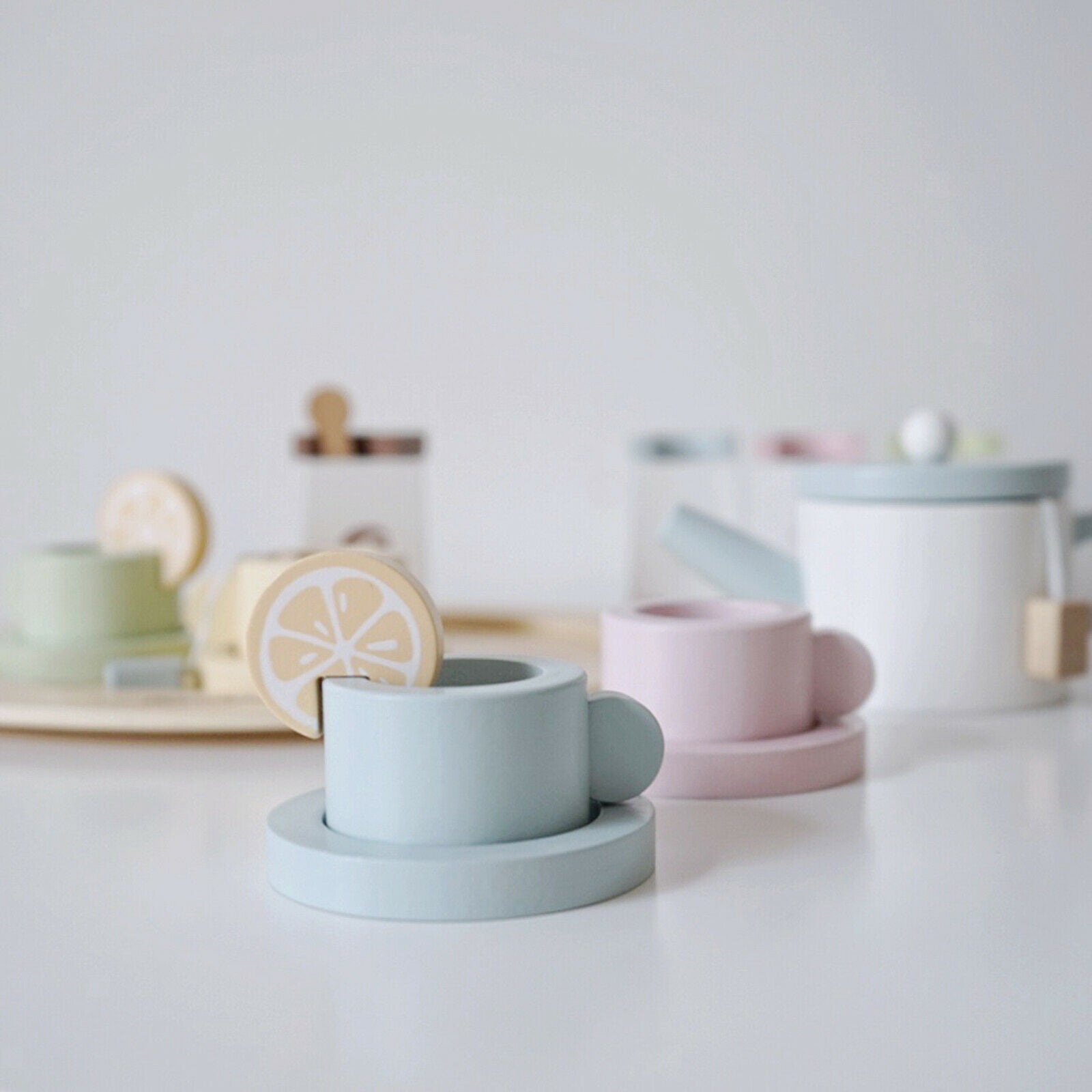 Coffe Cup, Scoop, Tray, Saucers, , Wooden Tableware Set Kids Pretend