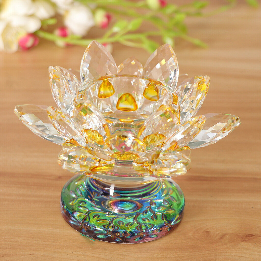 7 Colors Buddhist Crystal Glass Tea Light Lotus Flower Candle Holder Yellow