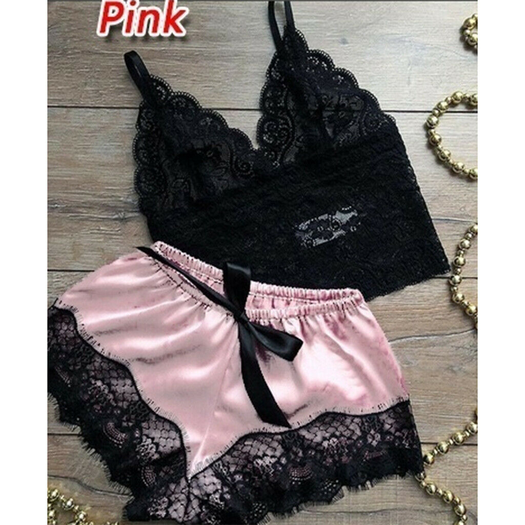 Women Pajama Cami Nightwear Lace Trim Top & Shorts Bridal Shower Pink XXL