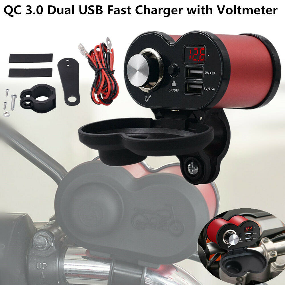 QC3.0 Fast Motorcycle Cigarette Lighter Socket 2 USB Charger + Switch+ Voltmeter
