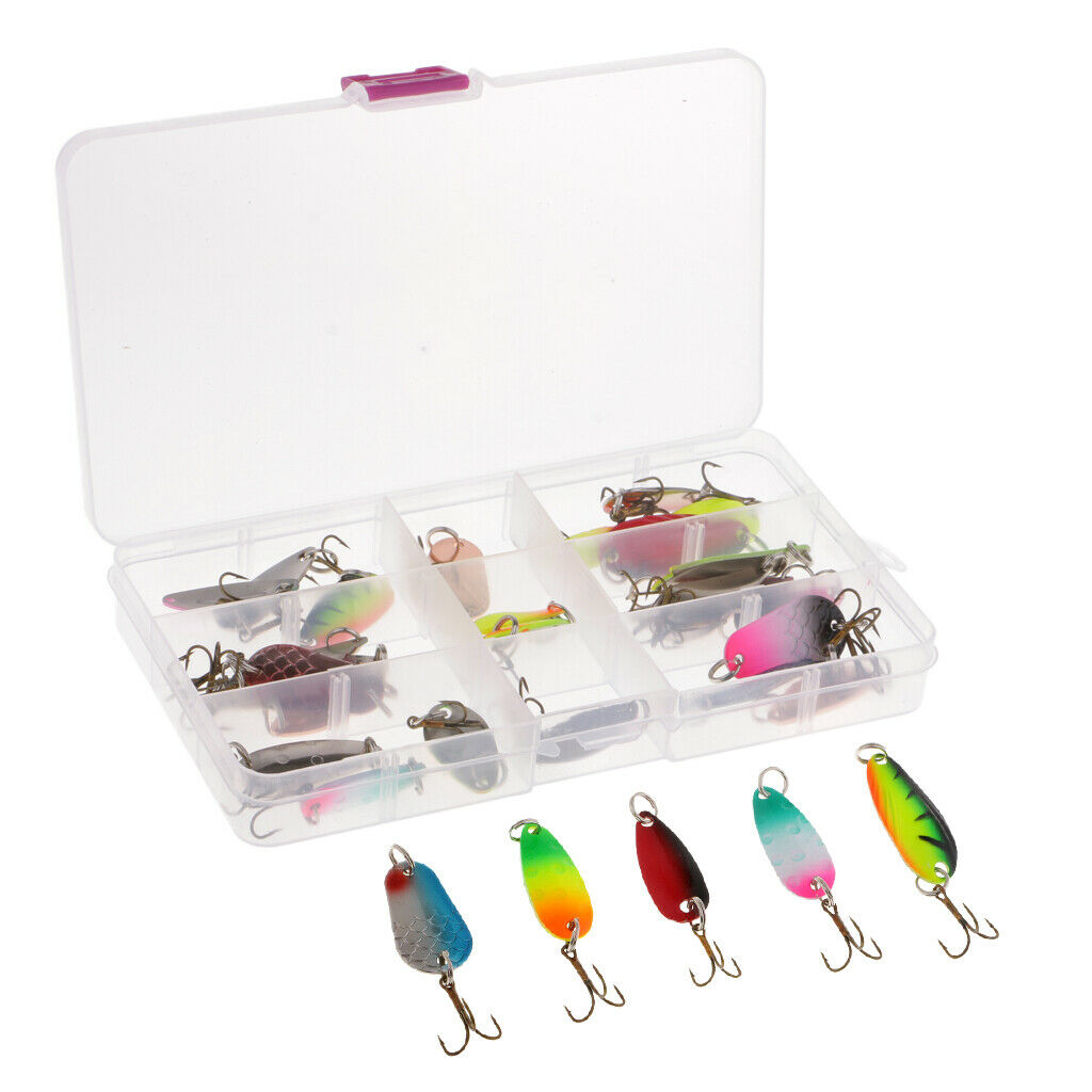 30pcs Metal Spoon Bait Bass Trout Salmon Fishing Lure Treble Hooks 3 Sizes