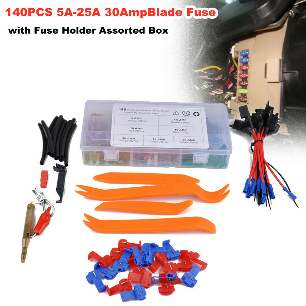 140x Nylon Mix Assorted Car Motorcycle Blade Fuse Kit 5-25A 30Amp w/Fuse Holder