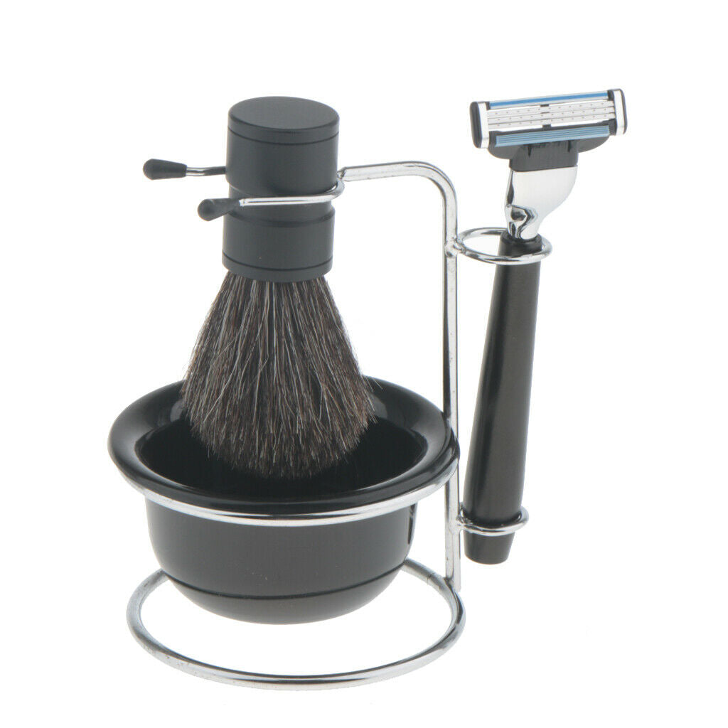4 in 1 Bristle Hair Shaving Brush Soap Bowl Safety Razor Stand Travel Set