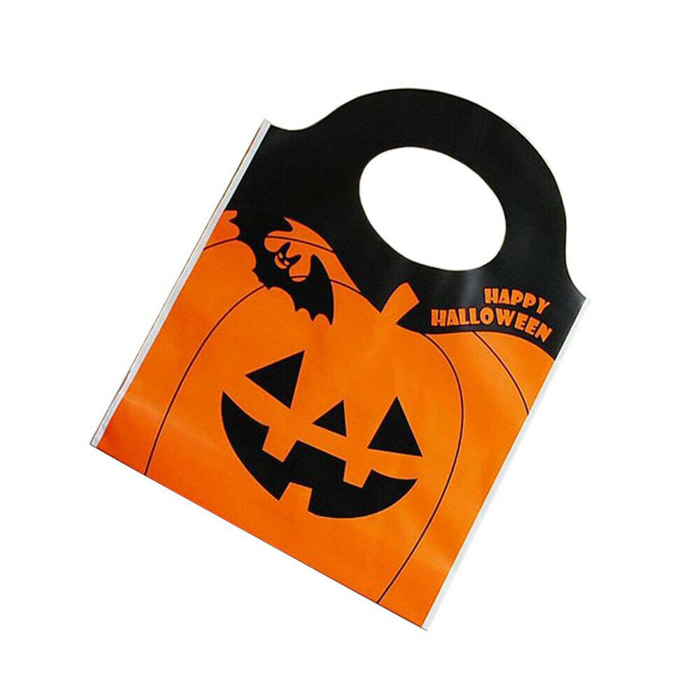 50x Happy Halloween Orange Pumpkin Plastic Tote Bag Trick or Treat Gift Candy