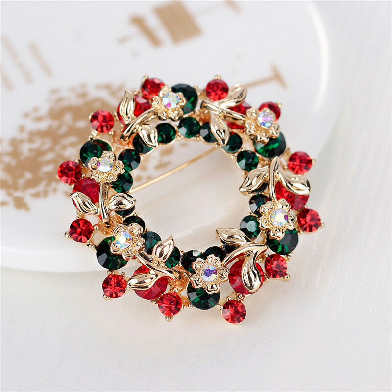 Hot Crystal Jewelry Round Garland Christmas Brooch Pin Party Gifts Santa C Qx