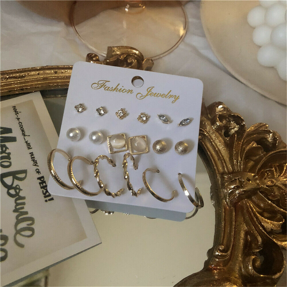 9 Pairs Elegant Women Rhinestone Crystal Zircon Earrings Set Jewelry Ear Stud