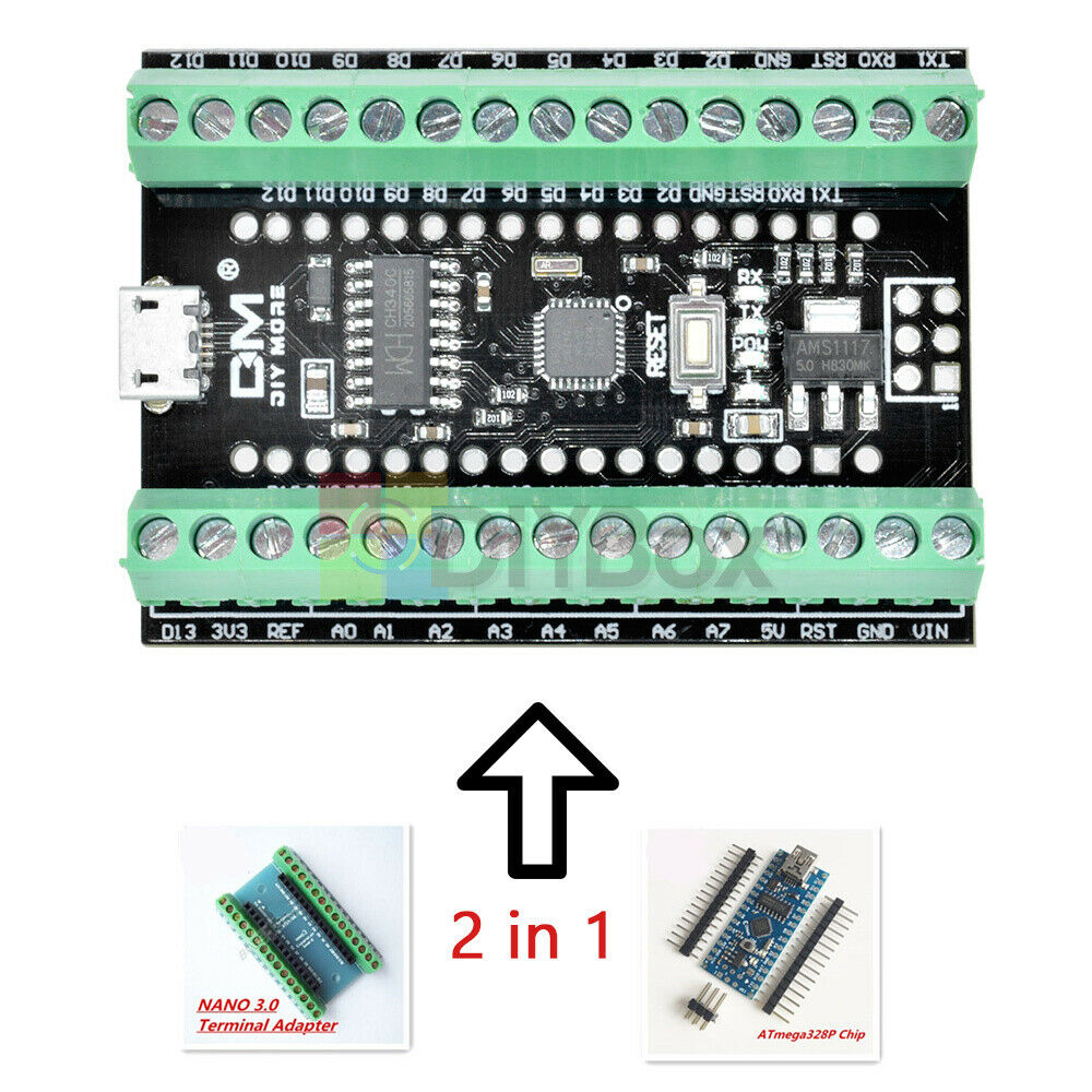 2 in 1 Atmega328P Nano3.0 CH340 USB Driver + Terminal Adapter Expansion Board