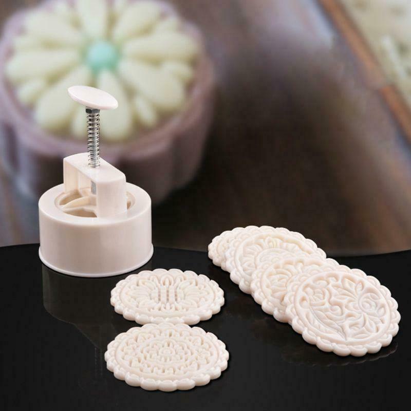 DIY 250g Mooncake Mold with 6pcs Round Flower Stamps Hand Press Moon Cake Pastry