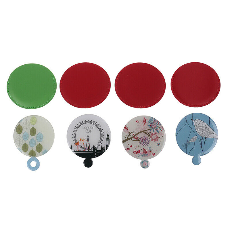 Stainless Steel Round PU Leather Cover Shatter Proof Card Pocket Cosmetic Mir DD
