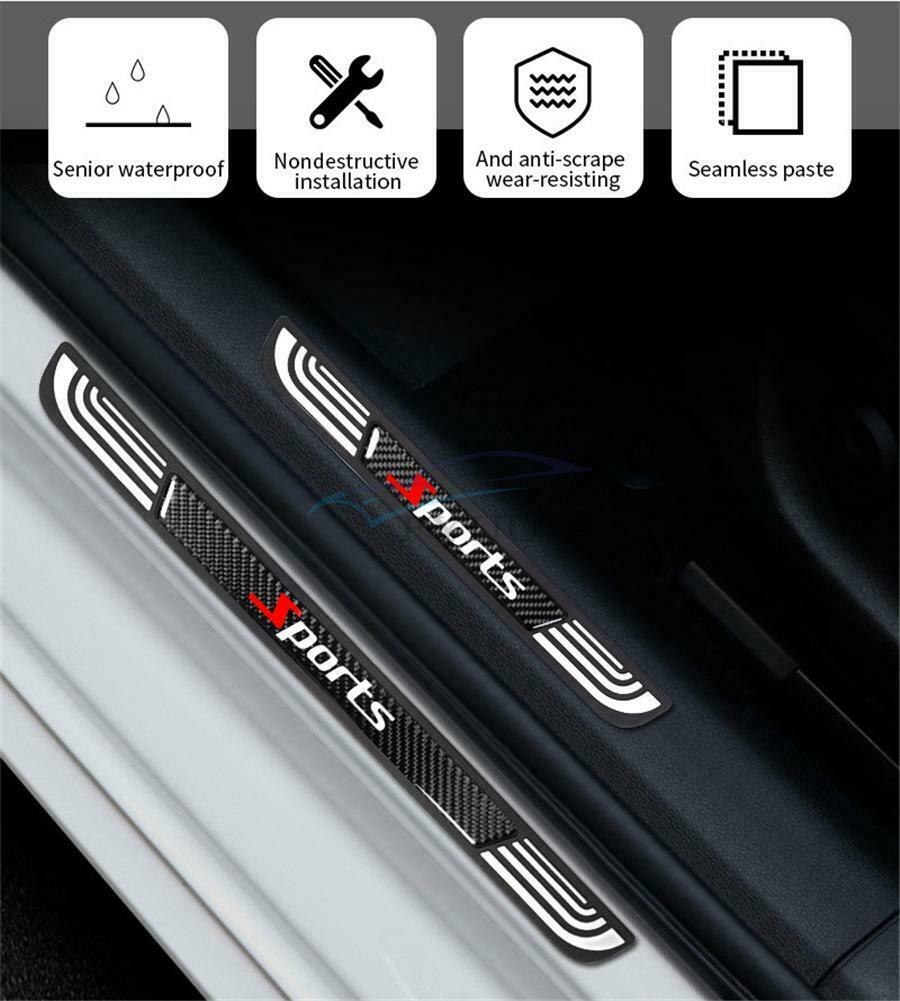 4PC Rubber+Carbon Fiber Car Door Scuff Sill Cover Panel Step Protector Universal