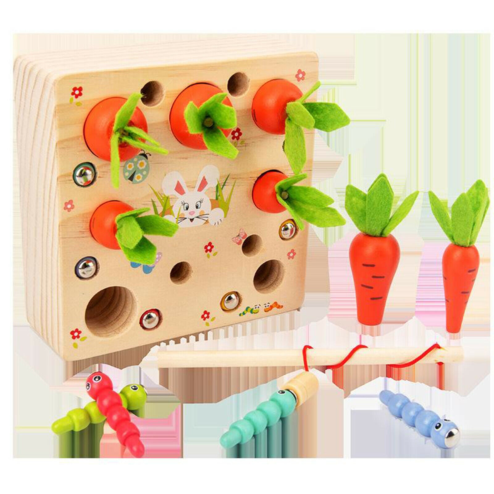 Wooden Montessori Toys, Carrots Harvest Shape Size Sorting Worm Catching